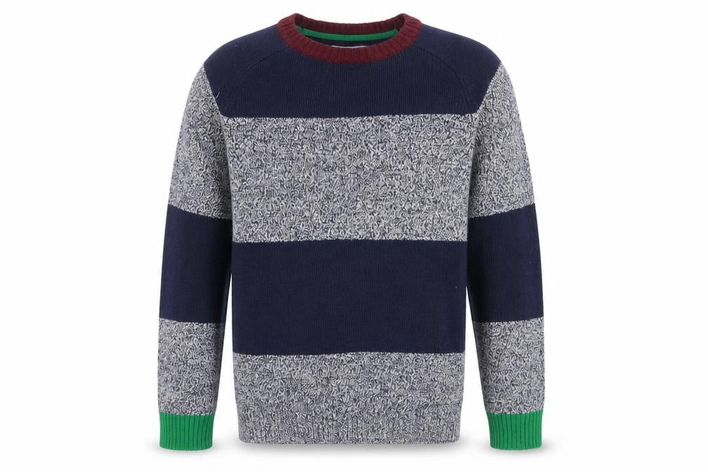 Front view of Mini Boden boys’ blue stripe wool blend jumper 11-12 years crew neck