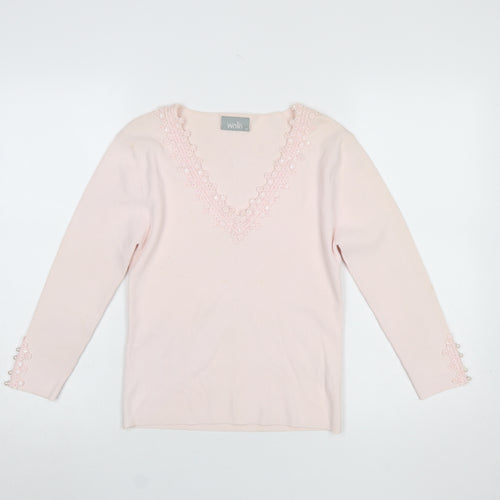 Wallis Women Pink V-Neck Long Sleeve Beaded Jumper Size 12
