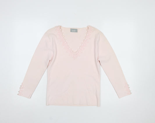 Wallis Women Pink V-Neck Long Sleeve Beaded Jumper Size 12