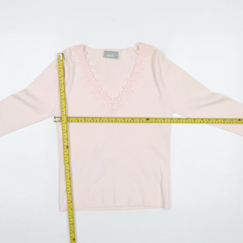 Wallis Women Pink V-Neck Long Sleeve Beaded Jumper Size 12