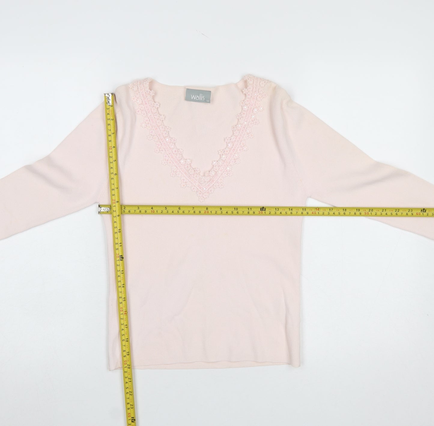 Wallis Women Pink V-Neck Long Sleeve Beaded Jumper Size 12