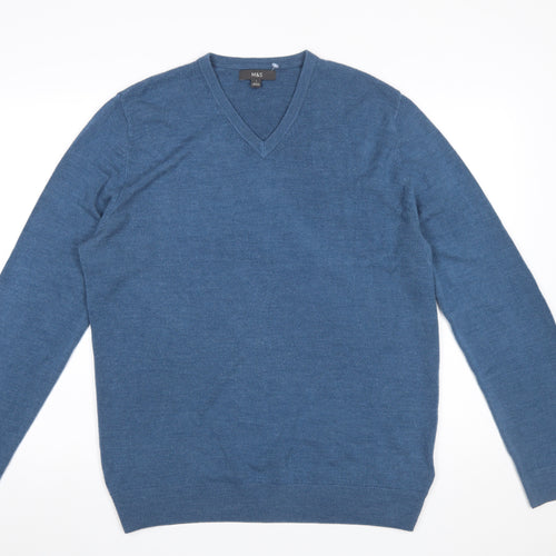 Marks and Spencer Men's Blue V-Neck Acrylic Pullover Jumper L