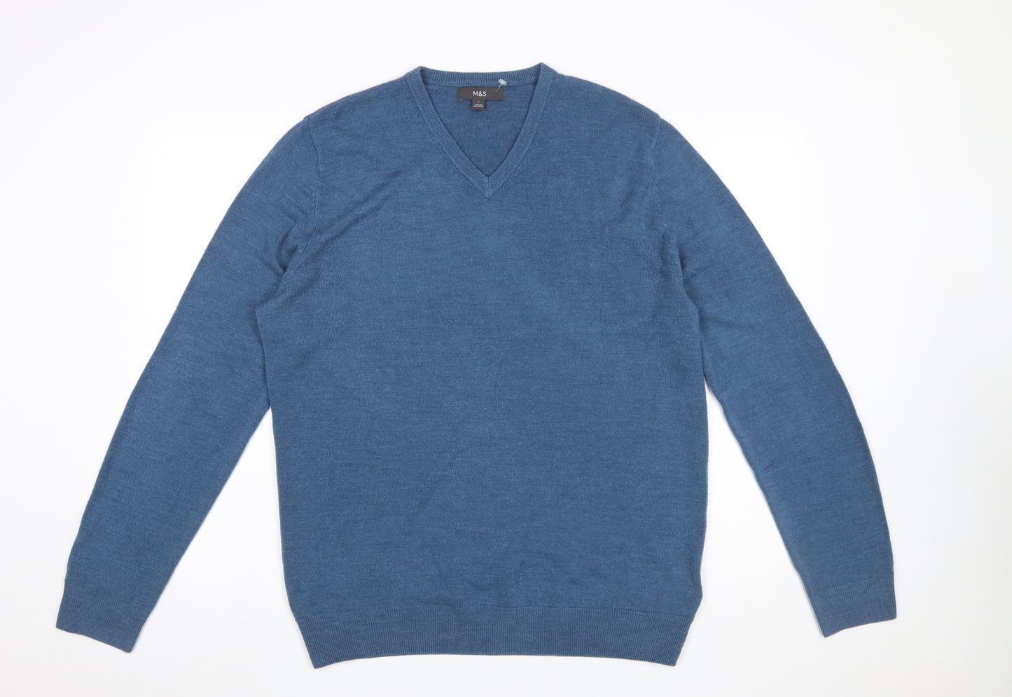Marks and Spencer Men's Blue V-Neck Acrylic Pullover Jumper L