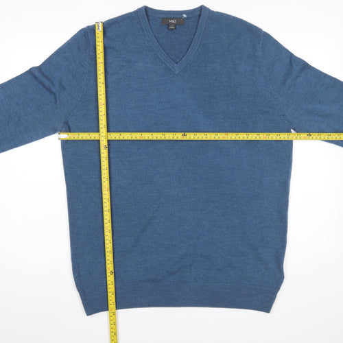 Marks and Spencer Men's Blue V-Neck Acrylic Pullover Jumper L