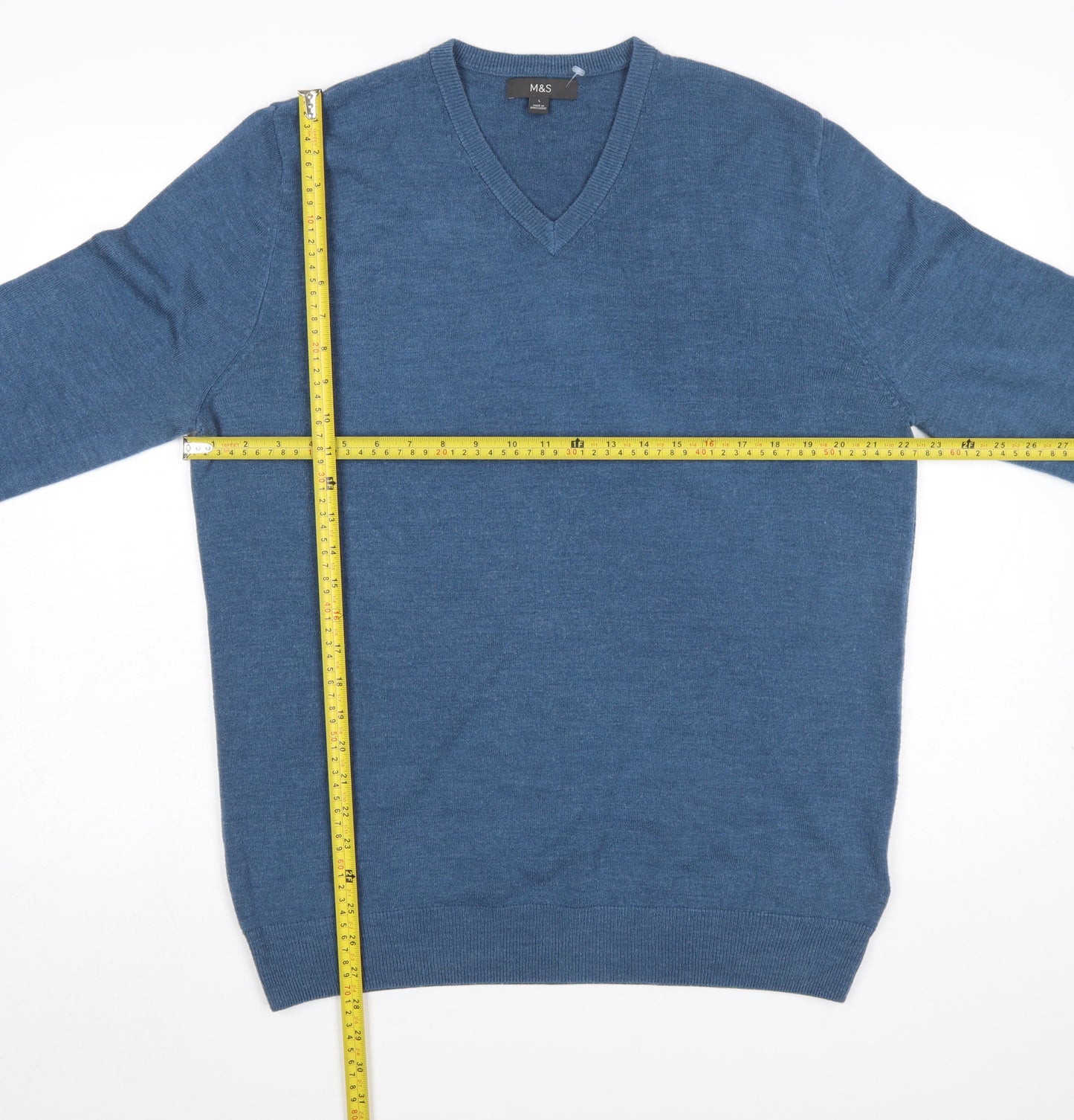 Marks and Spencer Men's Blue V-Neck Acrylic Pullover Jumper L