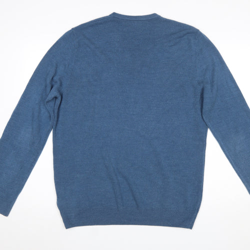 Marks and Spencer Men's Blue V-Neck Acrylic Pullover Jumper L