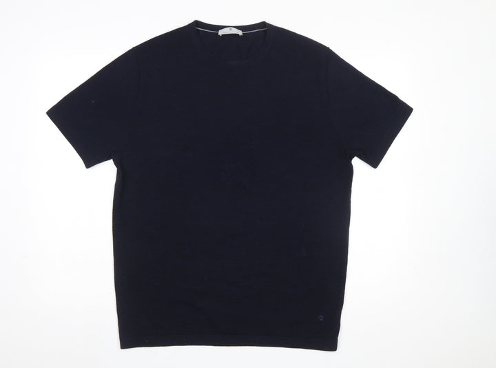 Thomas Maine Men's Blue Merino Wool Crew Neck Short Sleeve Jumper L