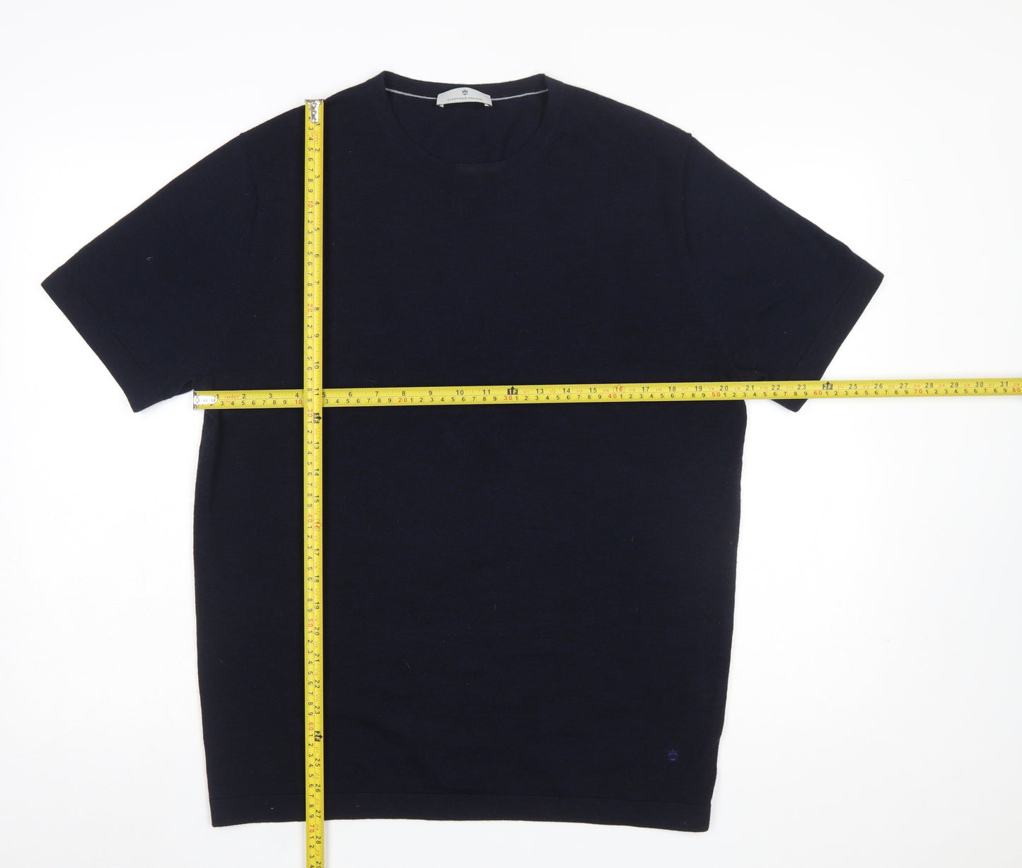 Thomas Maine Men's Blue Merino Wool Crew Neck Short Sleeve Jumper L