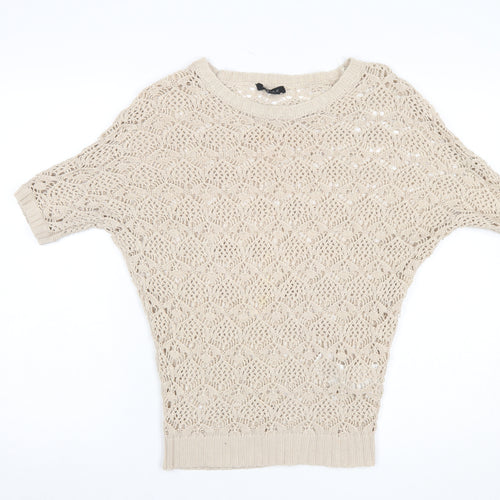 Amisu Womens Beige Crochet Short Sleeve Open-Knit Jumper XS