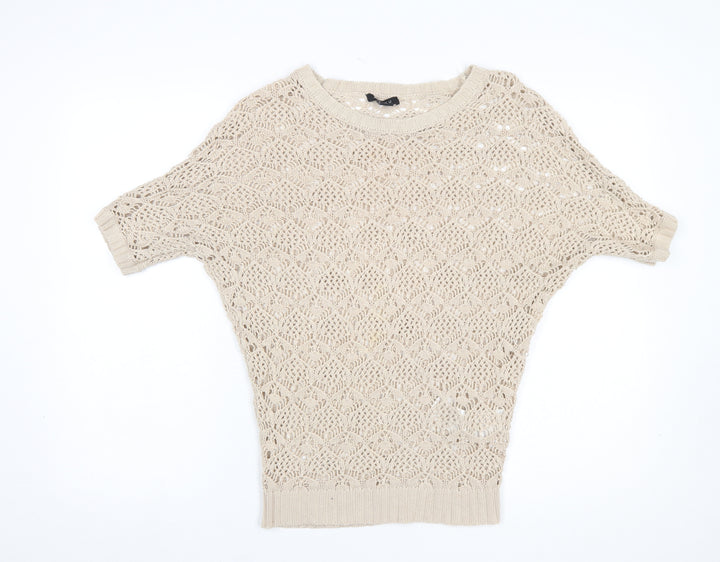 Amisu Womens Beige Crochet Short Sleeve Open-Knit Jumper XS