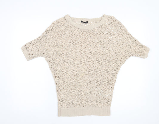 Amisu Womens Beige Crochet Short Sleeve Open-Knit Jumper XS