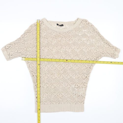 Amisu Womens Beige Crochet Short Sleeve Open-Knit Jumper XS