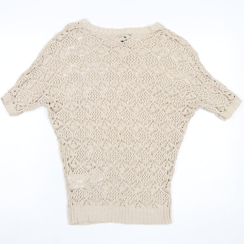 Amisu Womens Beige Crochet Short Sleeve Open-Knit Jumper XS