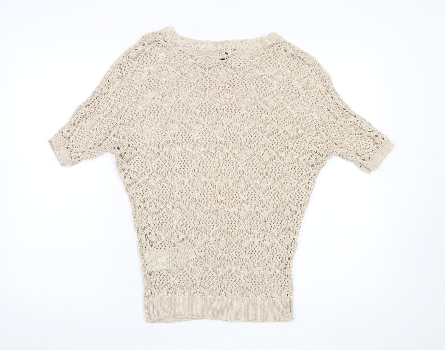Amisu Womens Beige Crochet Short Sleeve Open-Knit Jumper XS
