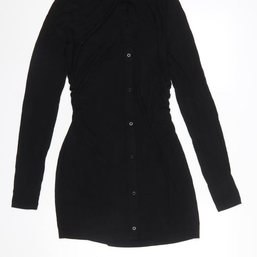 NA-KD Women Black Long Sleeve Collared Shirt Dress L