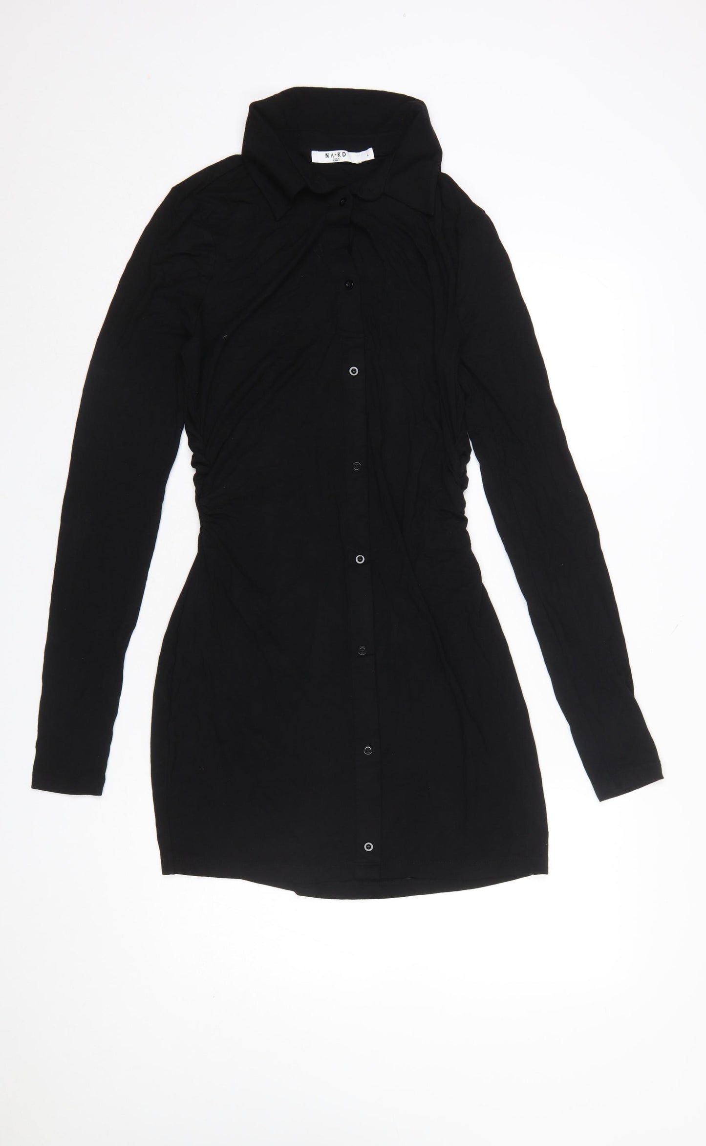 NA-KD Women Black Long Sleeve Collared Shirt Dress L