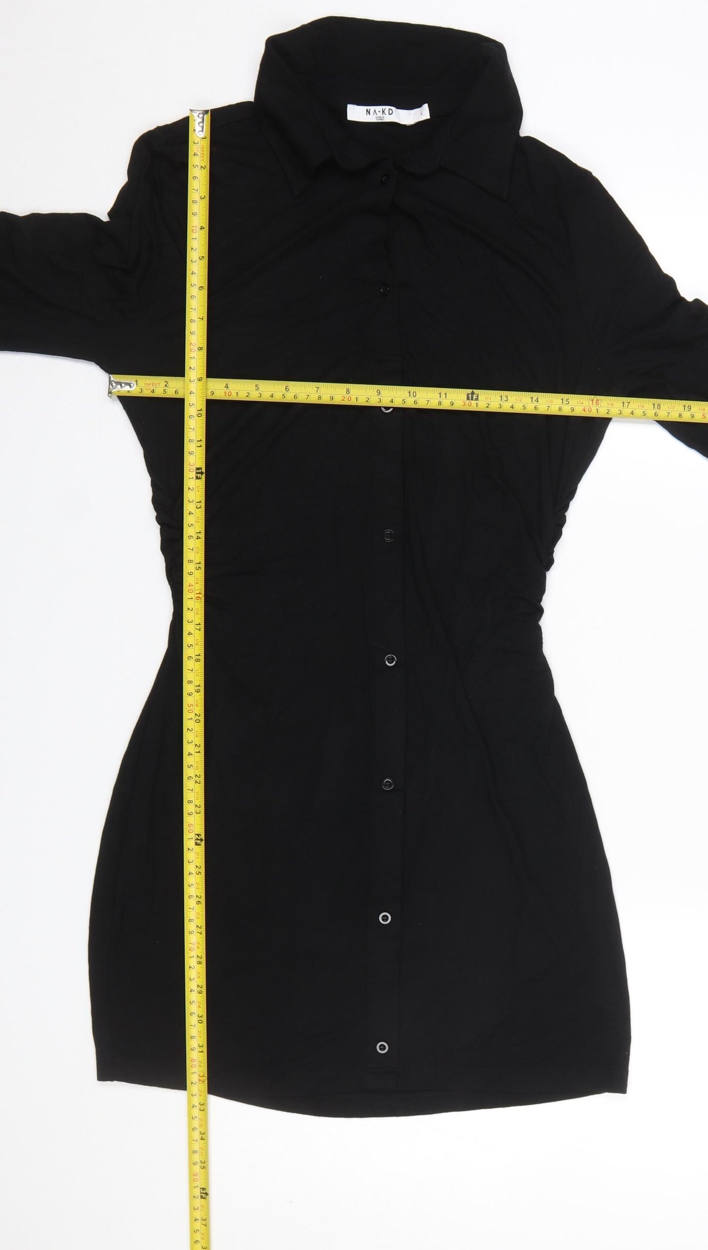 NA-KD Women Black Long Sleeve Collared Shirt Dress L