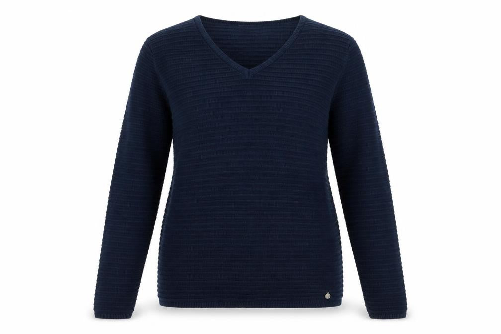 Front view of Fransa Women's Blue V-Neck Knit jumper, size S