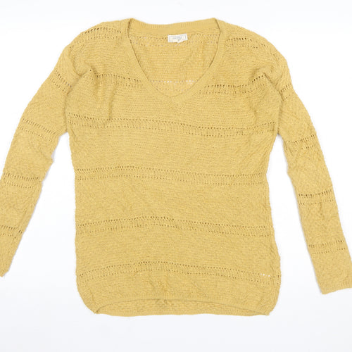 Fat Face Women’s Yellow Cotton Open-Knit V-Neck Jumper UK 8