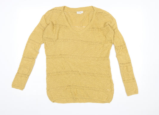 Fat Face Women’s Yellow Cotton Open-Knit V-Neck Jumper UK 8