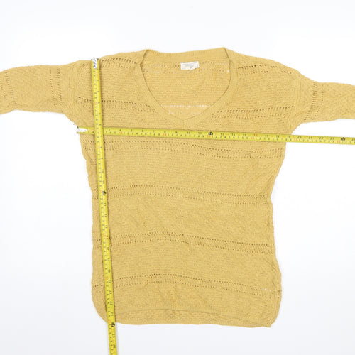 Fat Face Women’s Yellow Cotton Open-Knit V-Neck Jumper UK 8