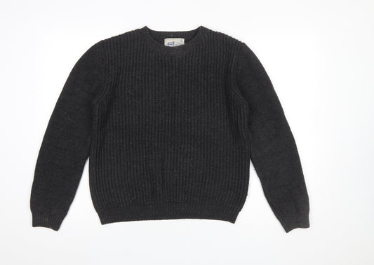 Topman Men Black Wool Ribbed Knit Crew Neck Jumper Size S