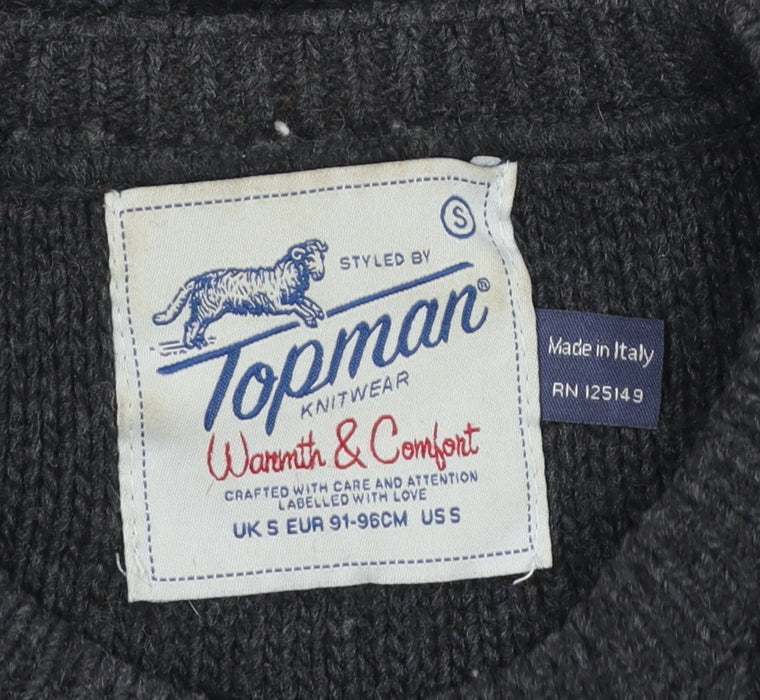 Topman Men Black Wool Ribbed Knit Crew Neck Jumper Size S