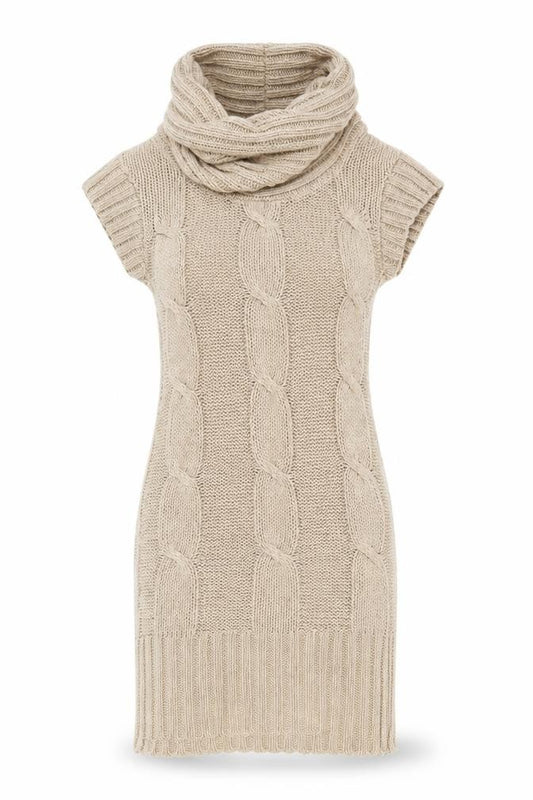Front view of New Look Women's Beige Cable Knit Cowl Neck Jumper Dress, size 8