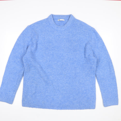 ZARA Women Blue Ribbed Knit Long Sleeve Pullover Jumper Size L