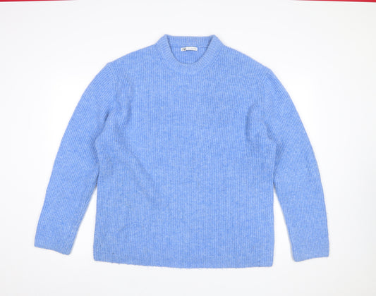 ZARA Women Blue Ribbed Knit Long Sleeve Pullover Jumper Size L