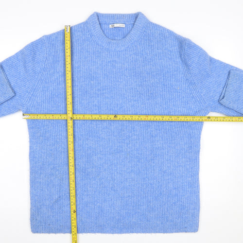 ZARA Women Blue Ribbed Knit Long Sleeve Pullover Jumper Size L