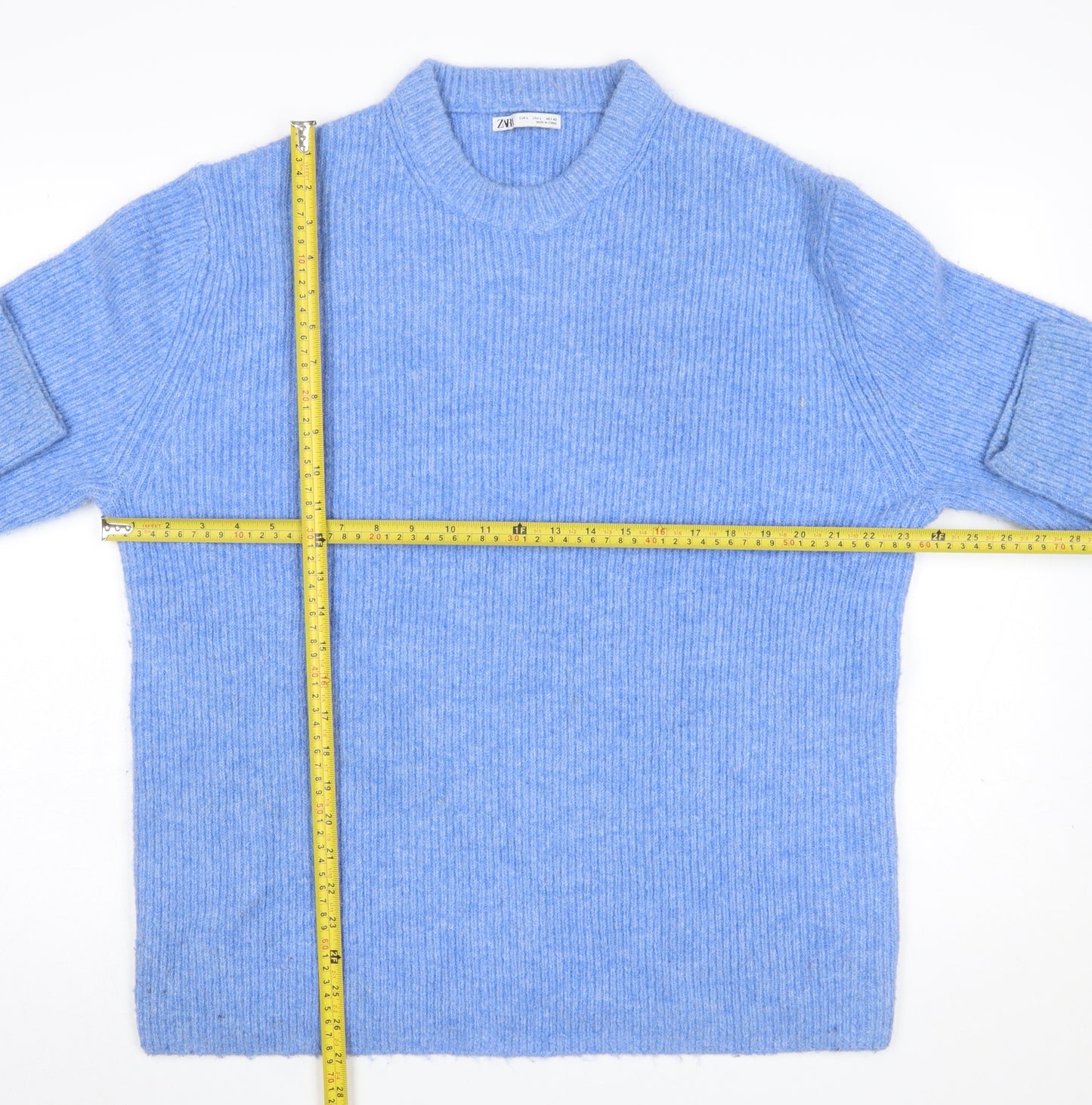 ZARA Women Blue Ribbed Knit Long Sleeve Pullover Jumper Size L