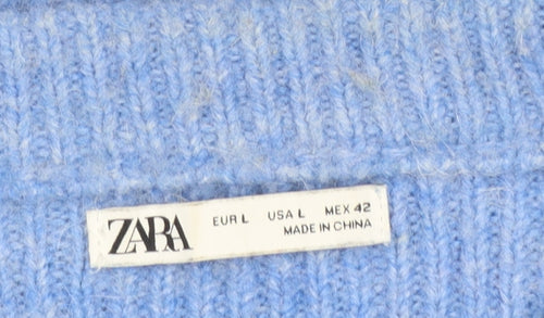 ZARA Women Blue Ribbed Knit Long Sleeve Pullover Jumper Size L