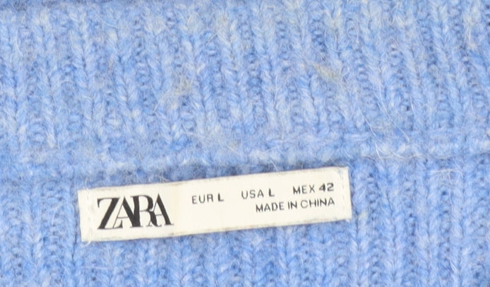 ZARA Women Blue Ribbed Knit Long Sleeve Pullover Jumper Size L