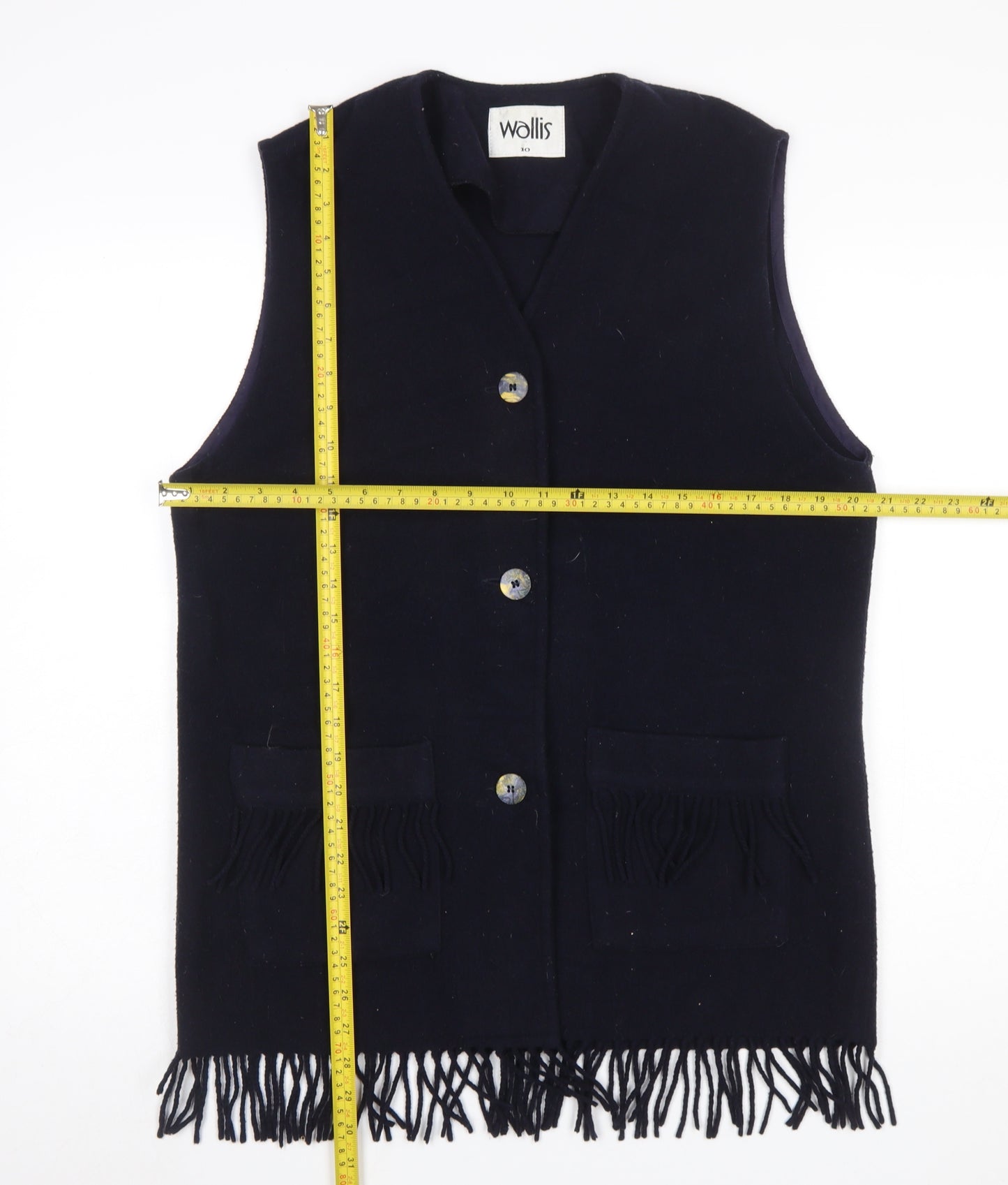 Wallis Women's Black Wool Waistcoat Fringe Hem Size 10