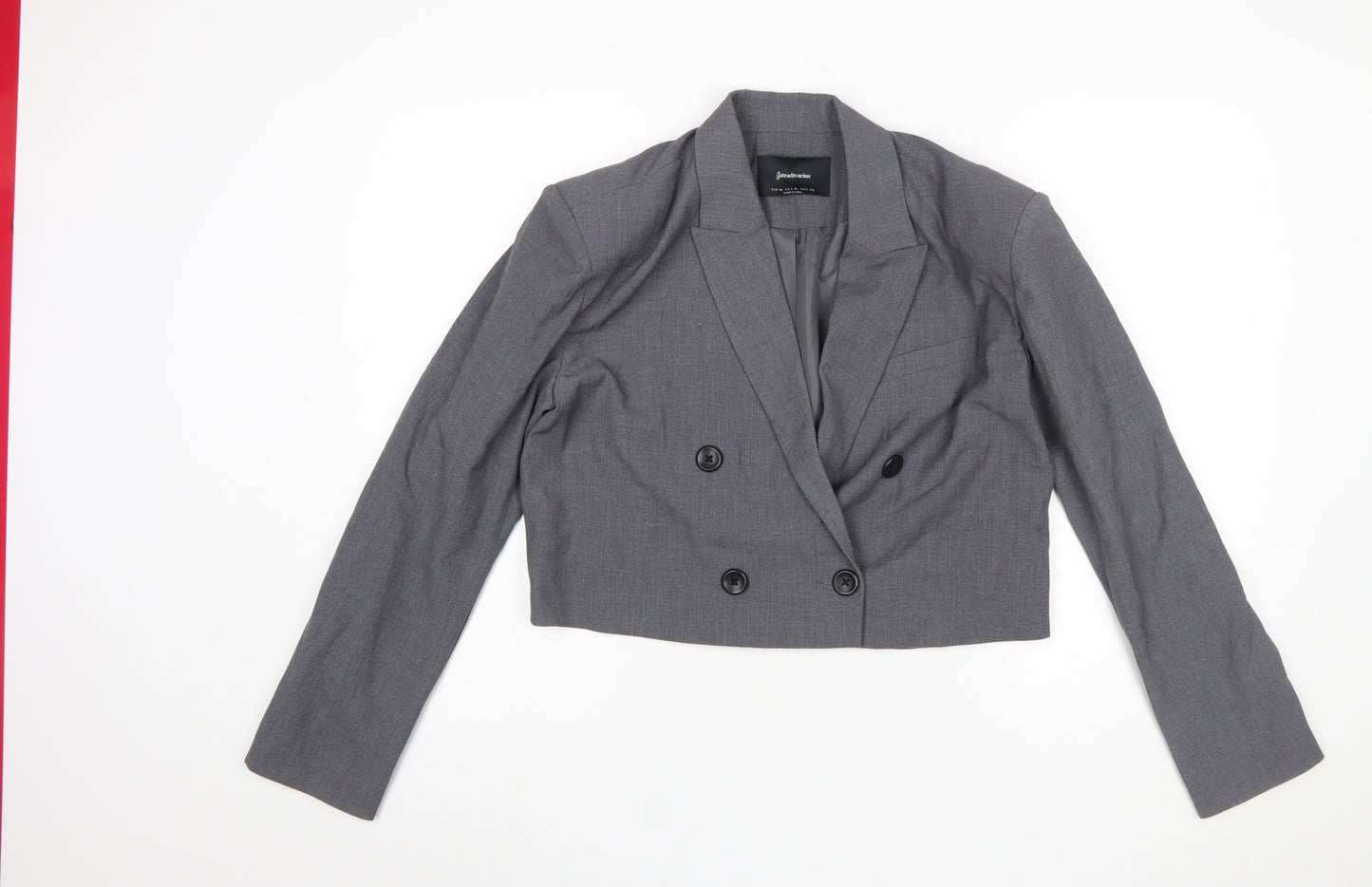 Stradivarius Women Grey Cropped Double-Breasted Blazer Size 12 Tailored