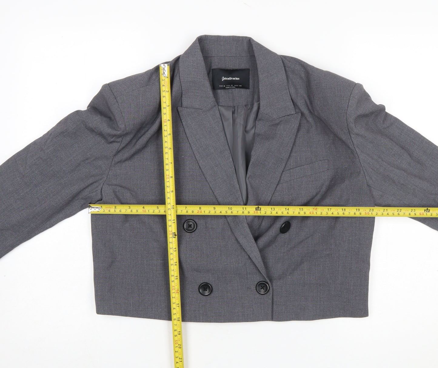 Stradivarius Women Grey Cropped Double-Breasted Blazer Size 12 Tailored