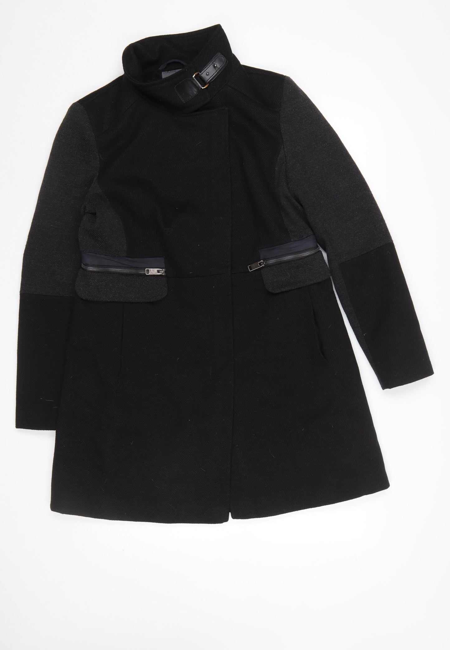 Next Women’s Black Wool Blend Overcoat Size 14 Buckle Collar Workwear
