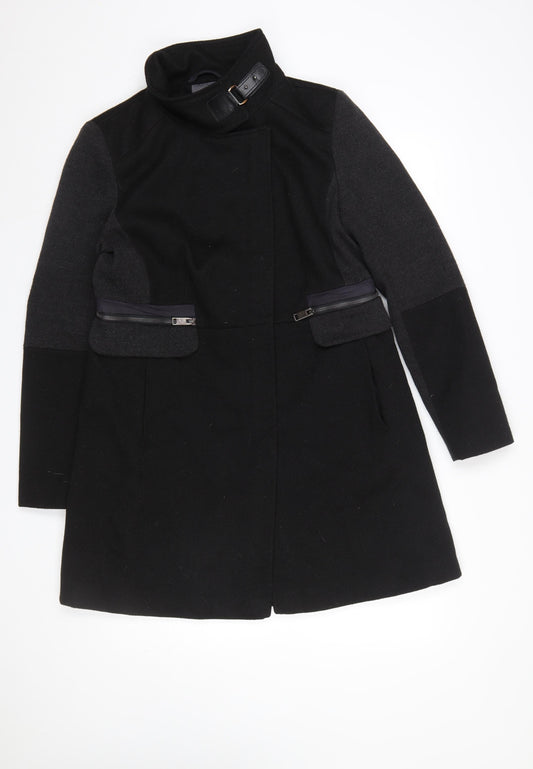 Next Women’s Black Wool Blend Overcoat Size 14 Buckle Collar Workwear