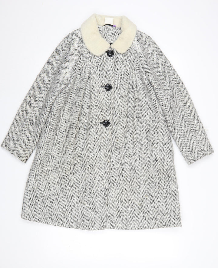 John Lewis Girls Grey Tweed Mid-Length Coat Age 11 Fur Collar Buttoned