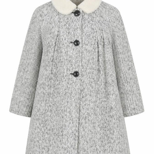 John Lewis Girls Grey Tweed Mid-Length Coat Age 11 Fur Collar Buttoned