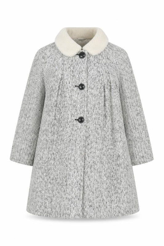 John Lewis Girls Grey Tweed Mid-Length Coat Age 11 Fur Collar Buttoned