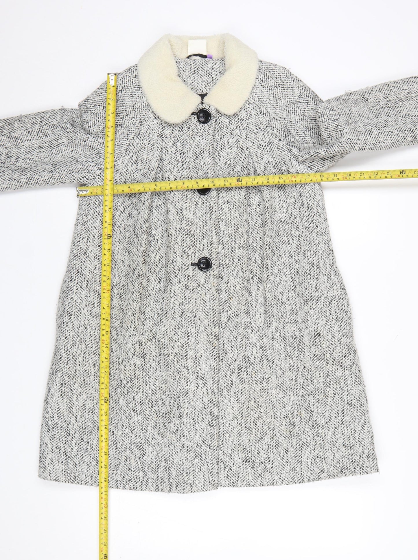 John Lewis Girls Grey Tweed Mid-Length Coat Age 11 Fur Collar Buttoned