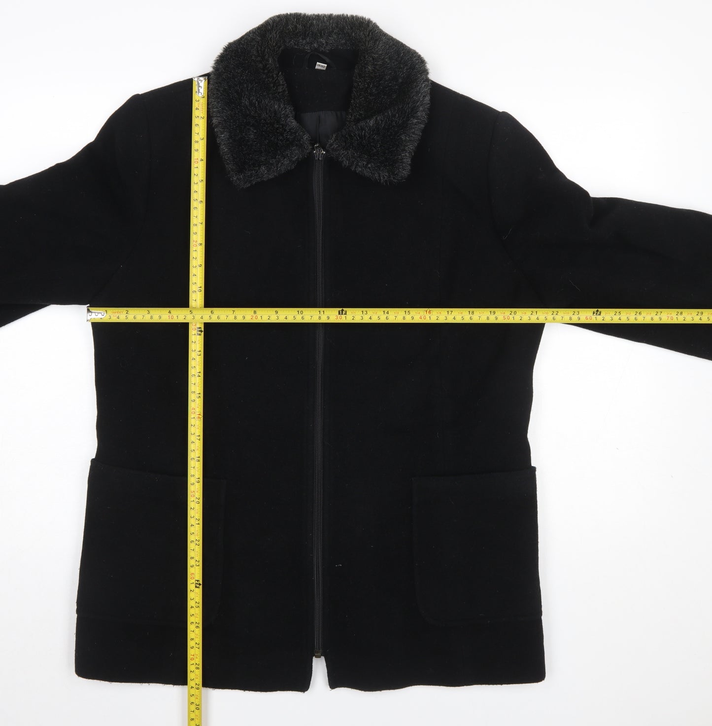 Eleganze Women's Black Wool Blend Fur Collar Overcoat Size 14