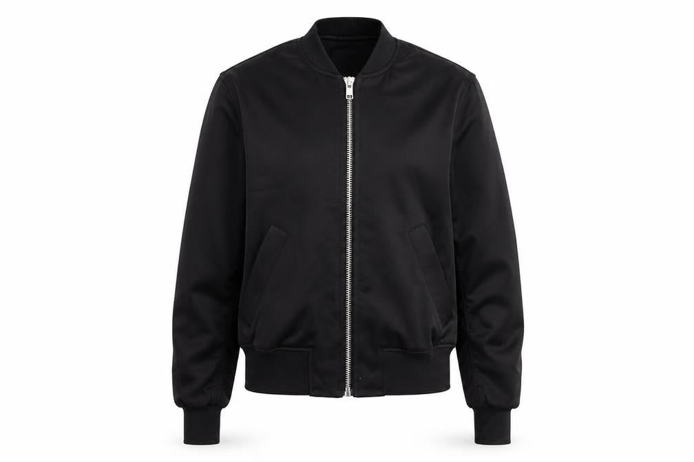 Front view of H&M women’s black bomber jacket xs lightweight casual zip up