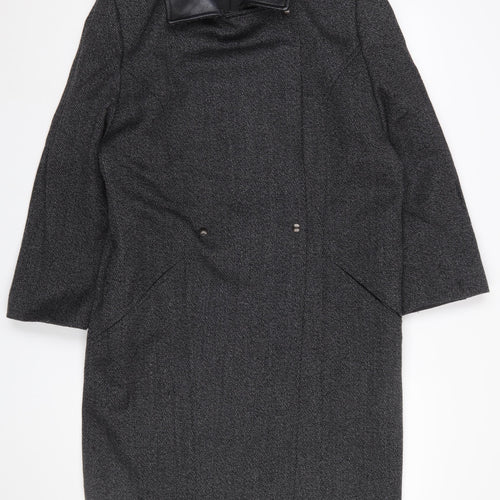 Next Women's Grey Wool Blend Leather Trim Long Overcoat Size 12