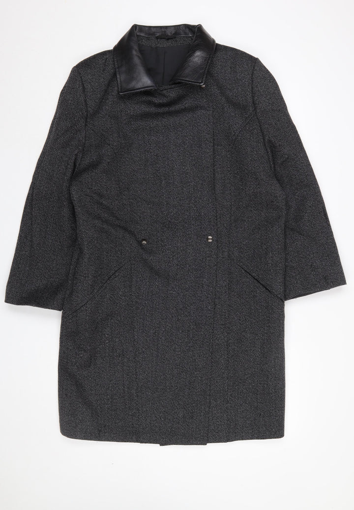 Next Women's Grey Wool Blend Leather Trim Long Overcoat Size 12