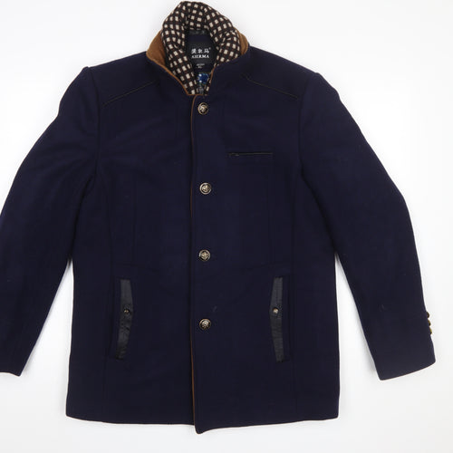 AIERMA Men's Blue Wool Blend Mid-Length Overcoat L