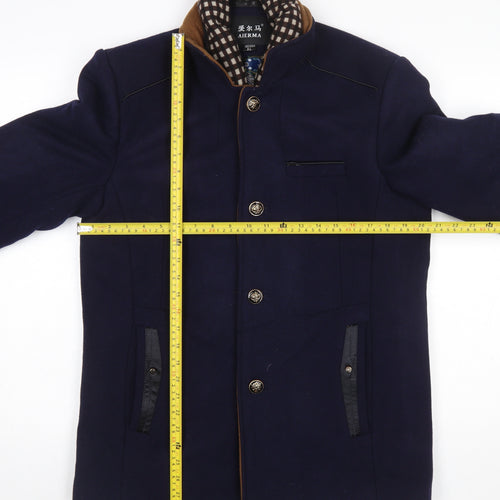 AIERMA Men's Blue Wool Blend Mid-Length Overcoat L