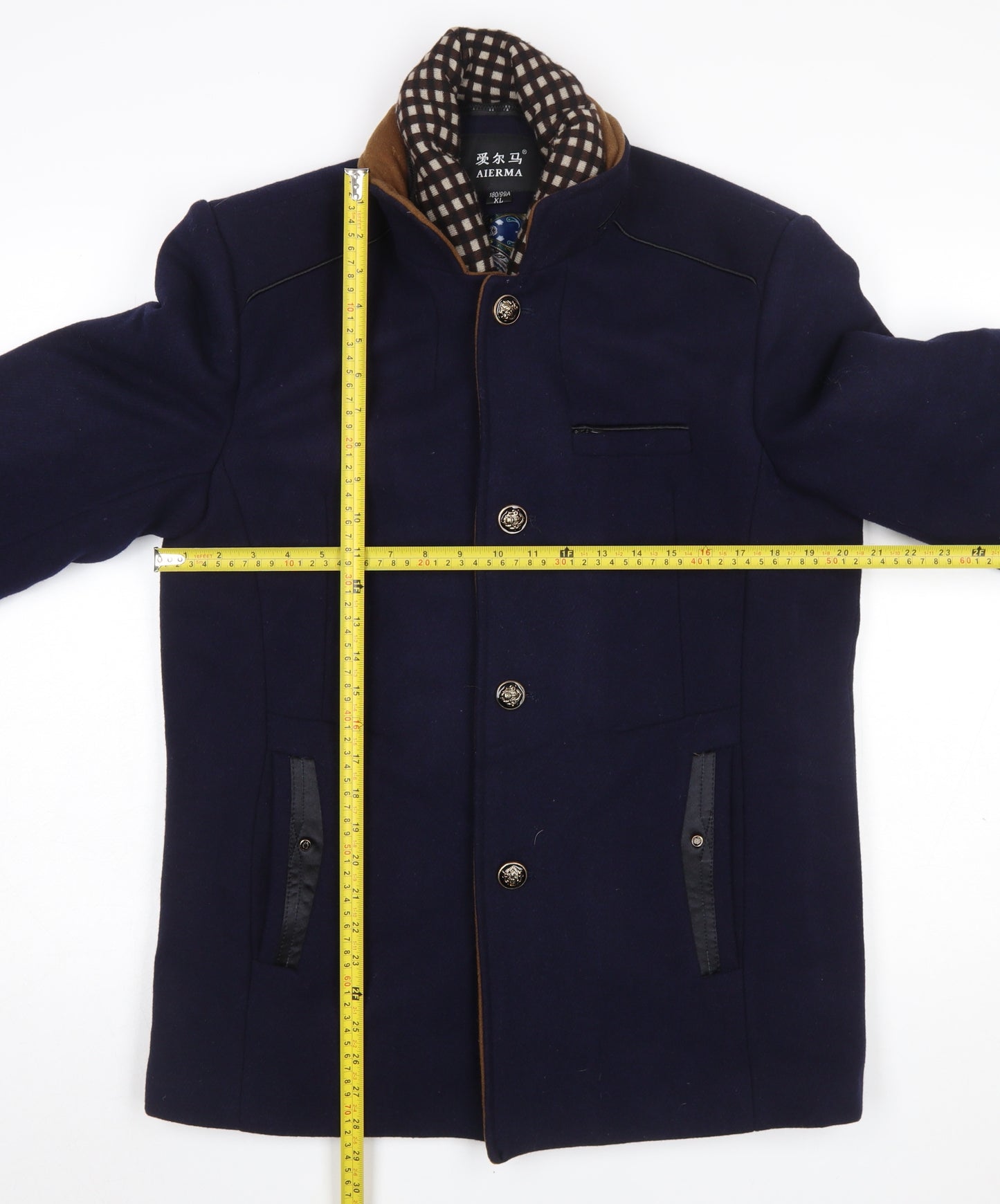 AIERMA Men's Blue Wool Blend Mid-Length Overcoat L